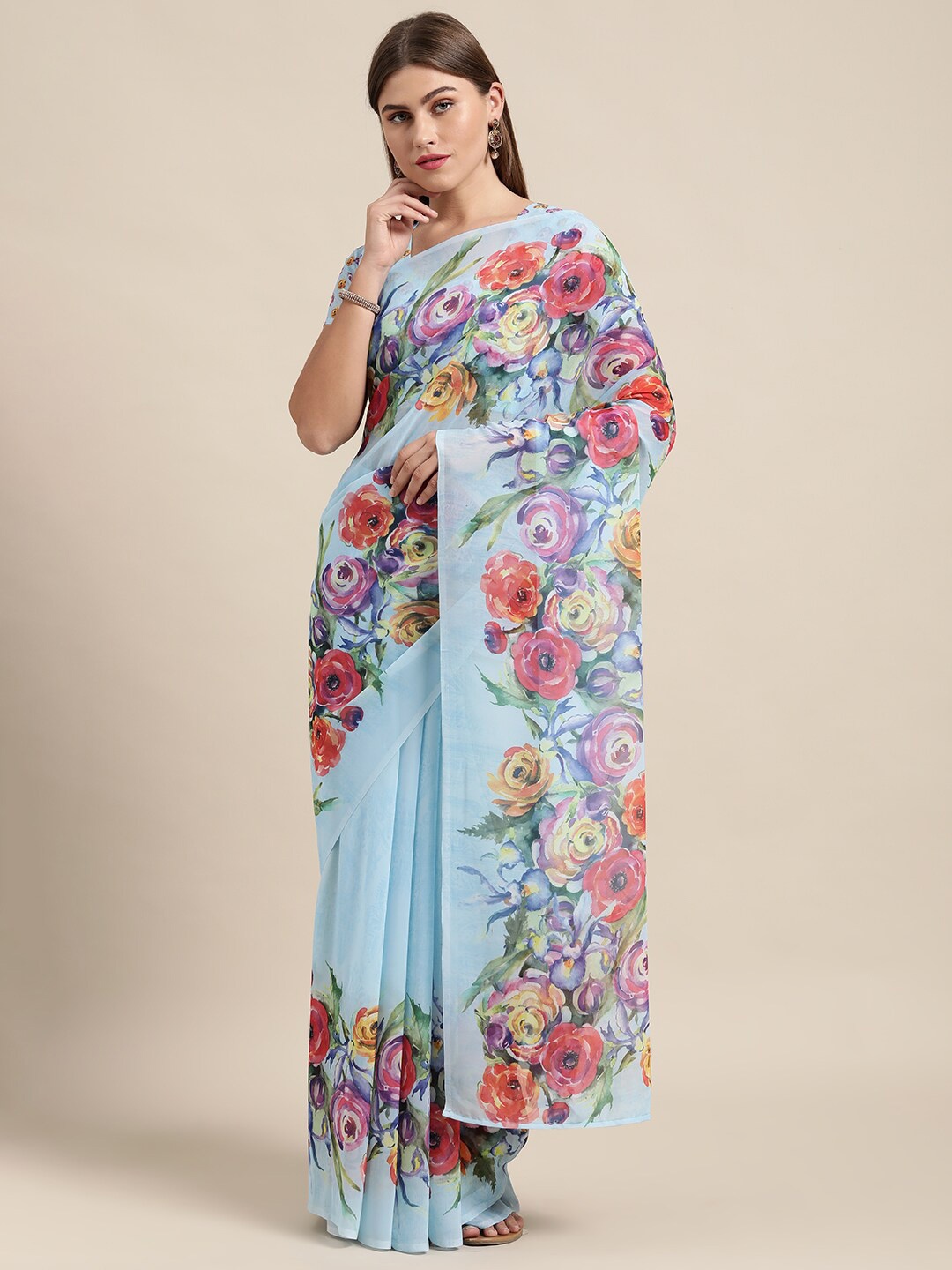 HRITIKA Floral Printed Saree, Blue