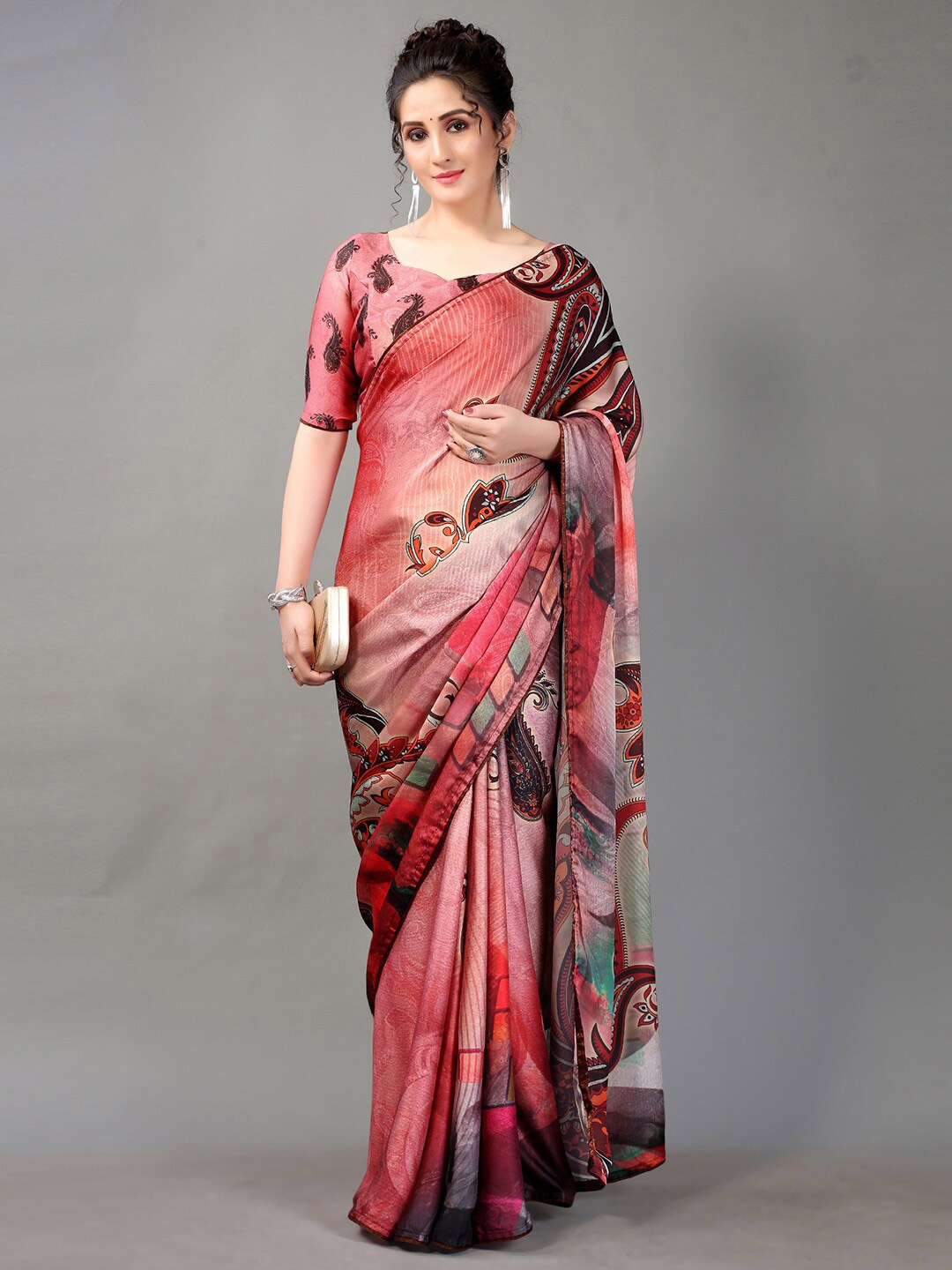 

HRITIKA Paisley Printed Satin Saree, Pink