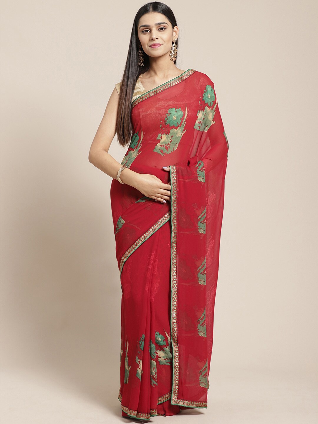 

HRITIKA Floral Printed Saree, Red