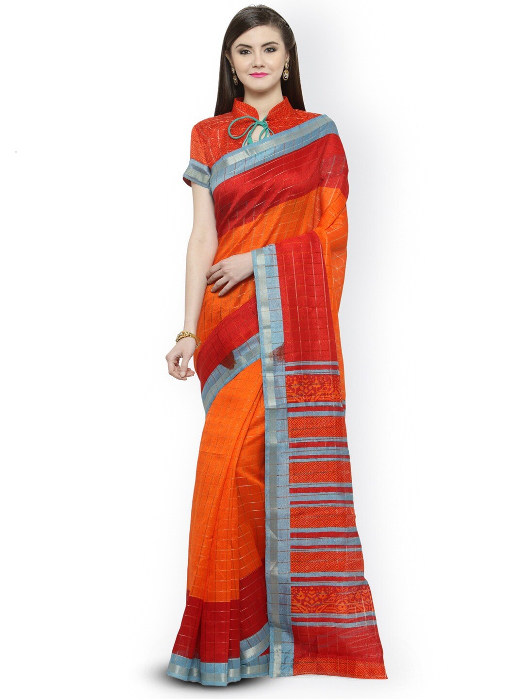 

HRITIKA Checked Printed Zari Silk Cotton Saree, Orange