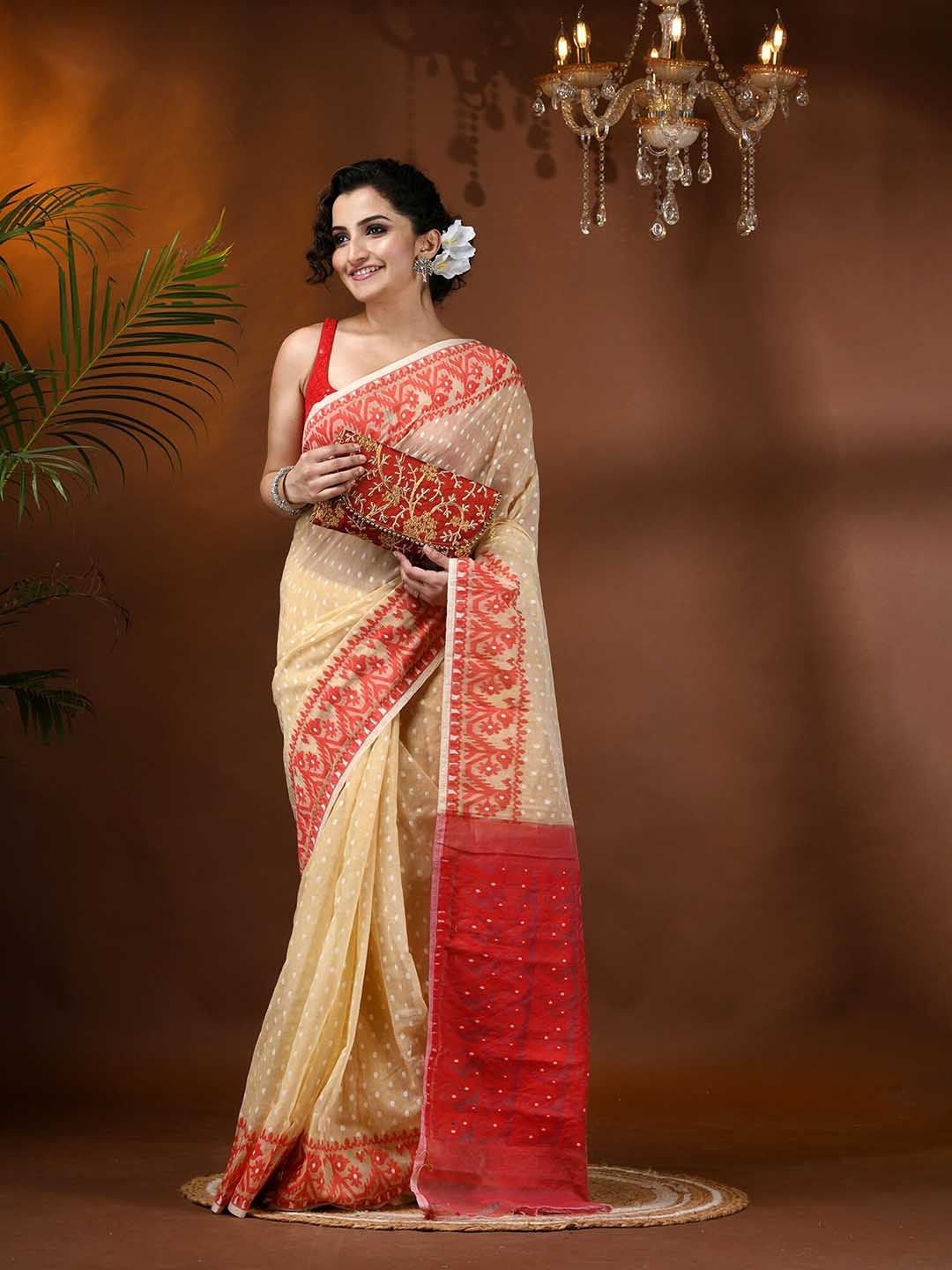 

DESH BIDESH Ethnic Motifs Woven Design Jamdani Saree, Cream
