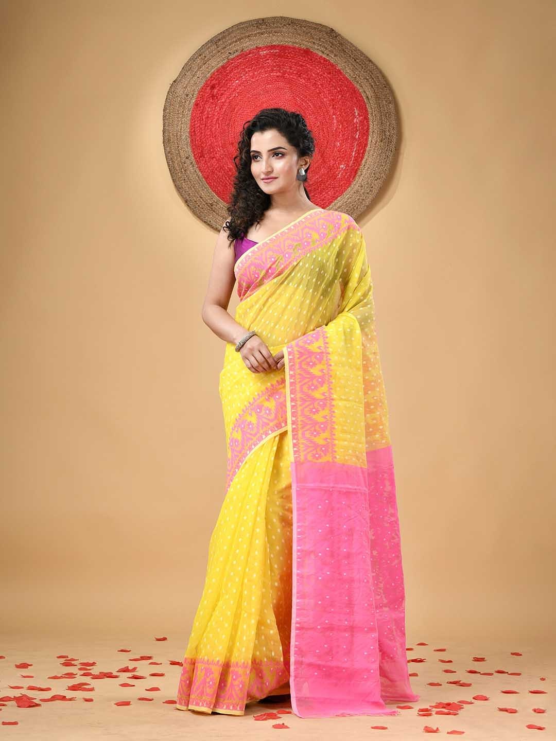 

DESH BIDESH Woven Design Polka Dots Jamdani Saree, Yellow