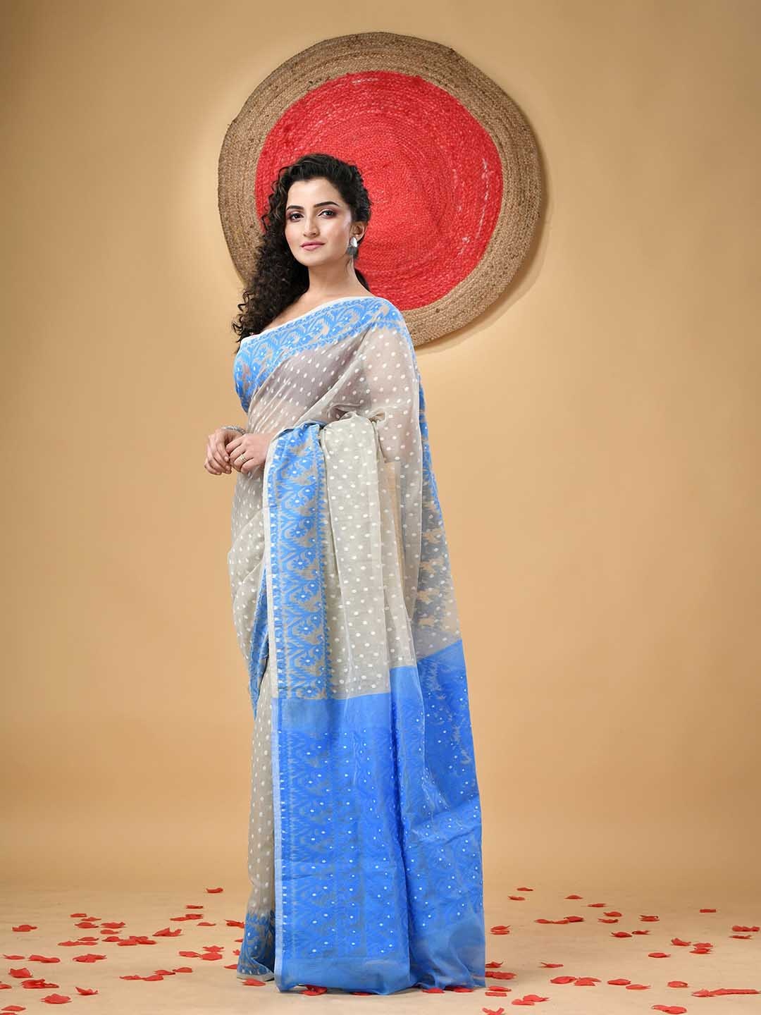 

DESH BIDESH Woven Design Polka Dots Jamdani Saree, Cream