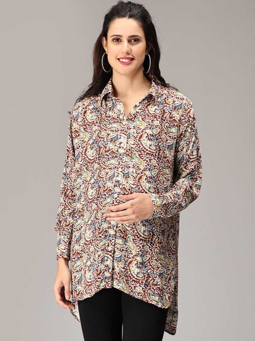 

The Mom Store Maternity Ethnic Motifs Print Shirt Style Longline Top, Maroon