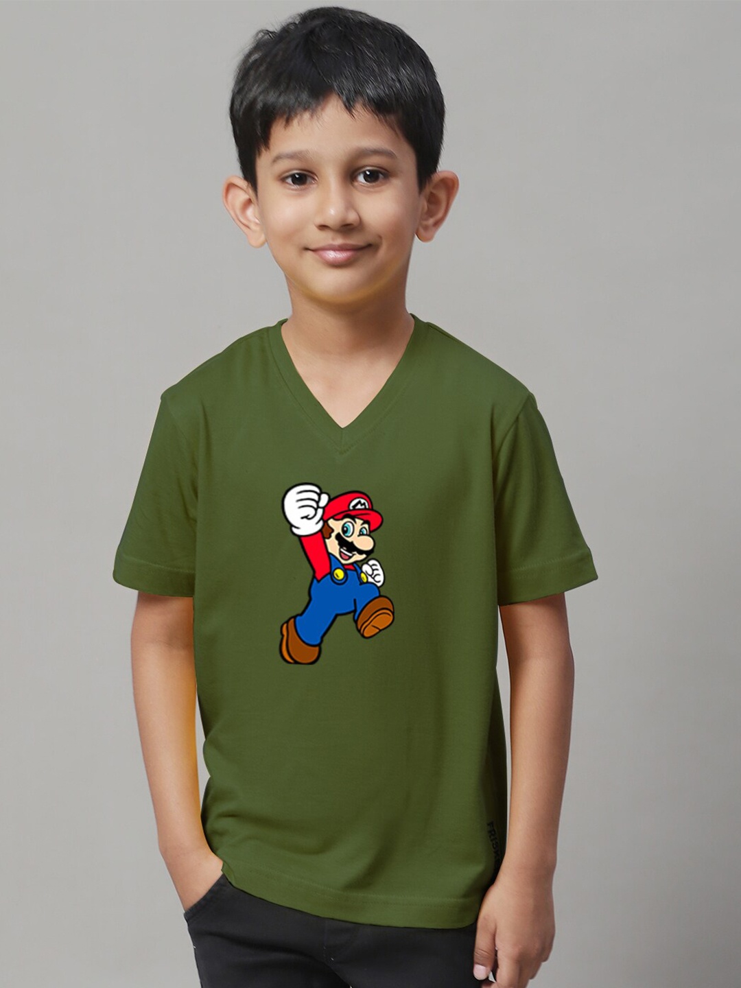 

Friskers Boys Graphic Printed V-Neck Cotton T-shirt, Olive