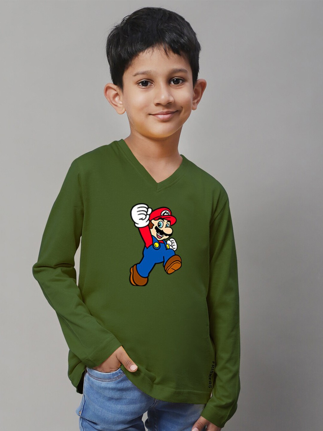 

Friskers Boys Graphic Printed V-Neck Cotton T-shirt, Olive