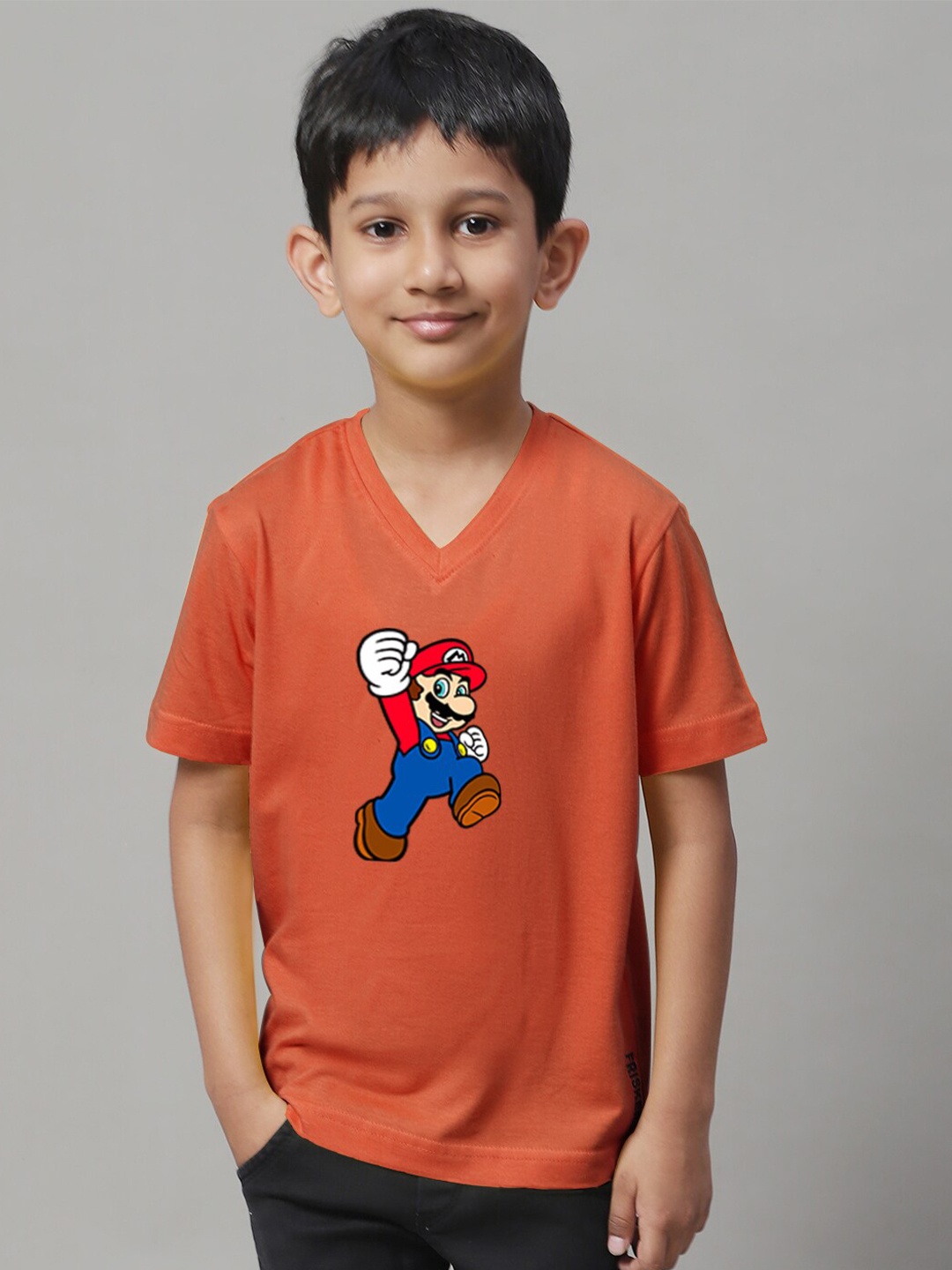 

Friskers Boys Graphic Printed V-Neck Cotton T-shirt, Rust