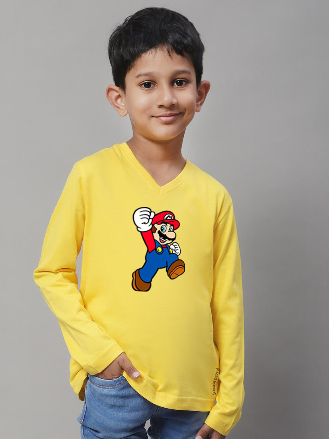 

Friskers Boys Graphic Printed V-Neck Cotton T-shirt, Yellow