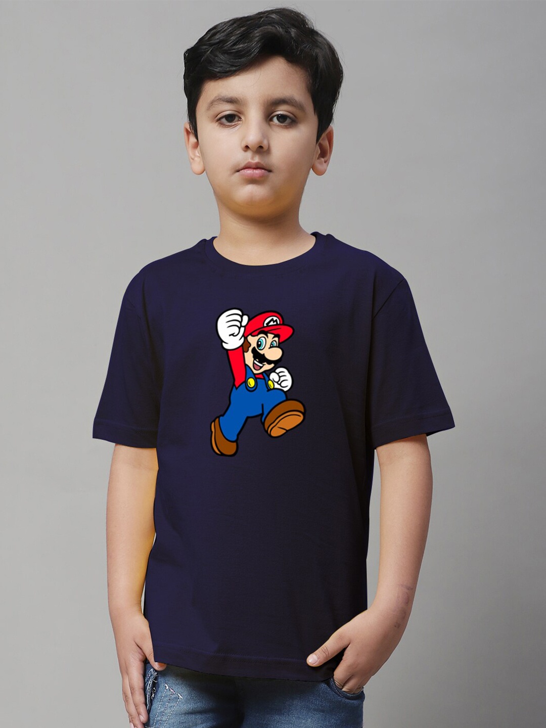 

Friskers Boys Super Mario Printed Round Neck Cotton T-shirt, Navy blue