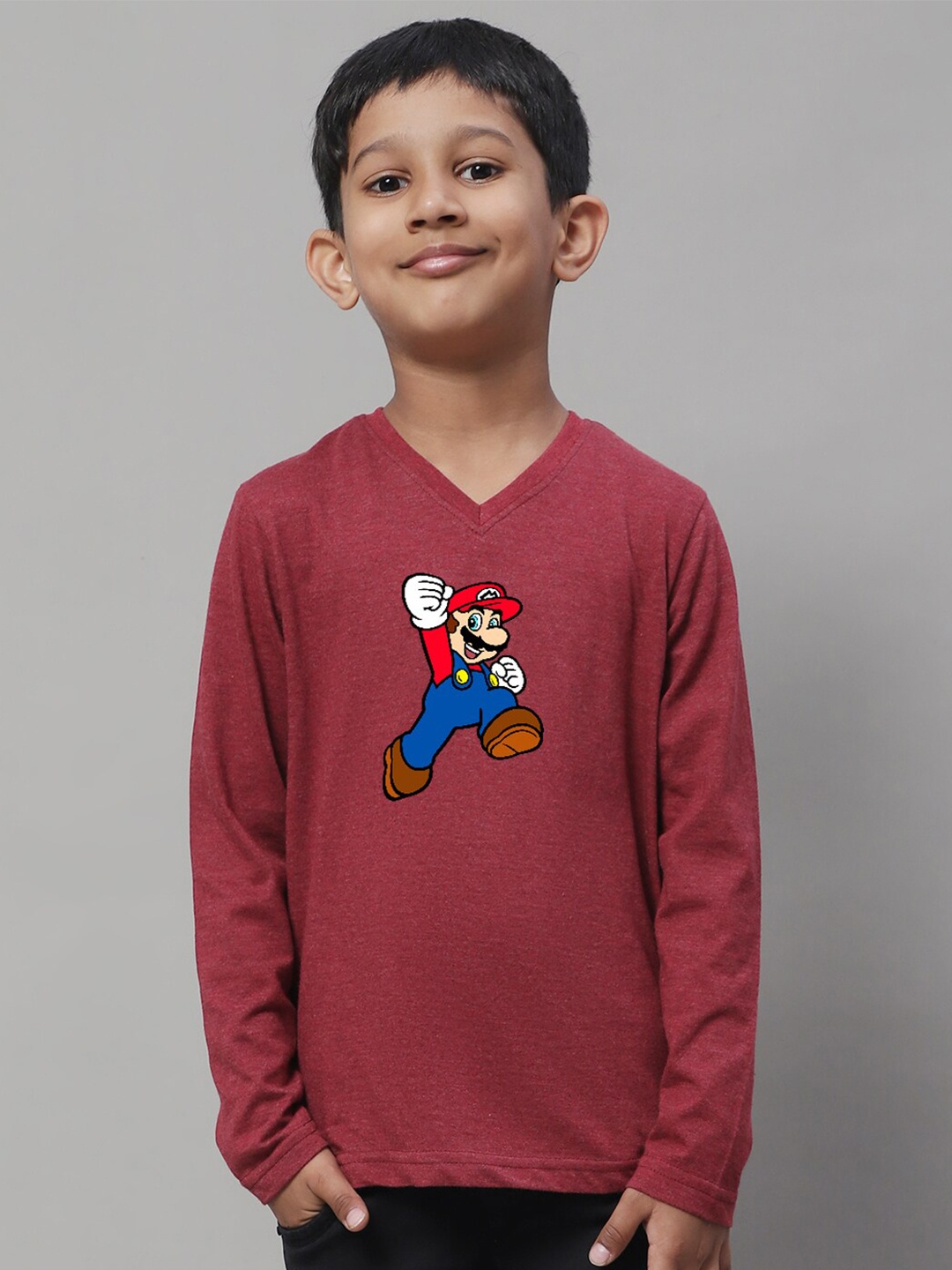 

Friskers Boys Super Mario Printed V-Neck Cotton T-shirt, Maroon