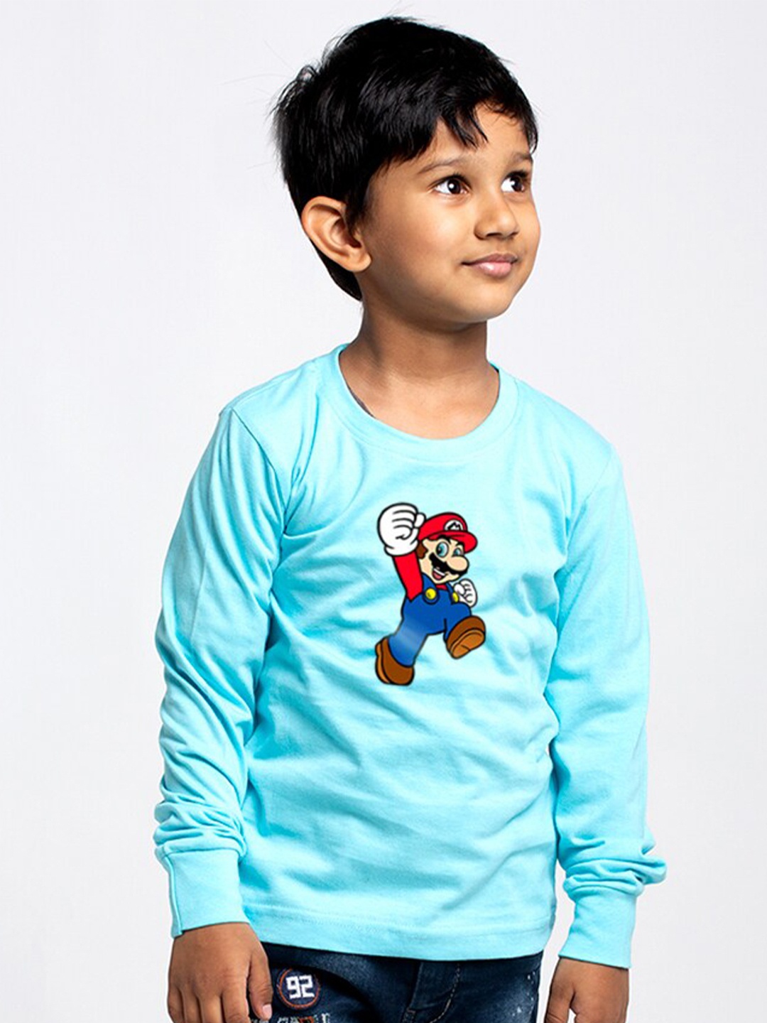 

Friskers Boys Super Mario Printed Round Neck Cotton T-shirt, Turquoise blue
