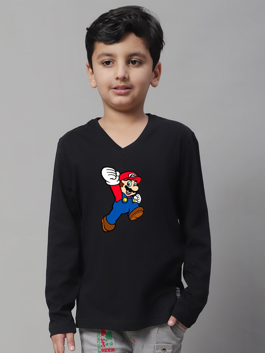 

Friskers Boys Super Mario Printed V-Neck Cotton T-shirt, Black