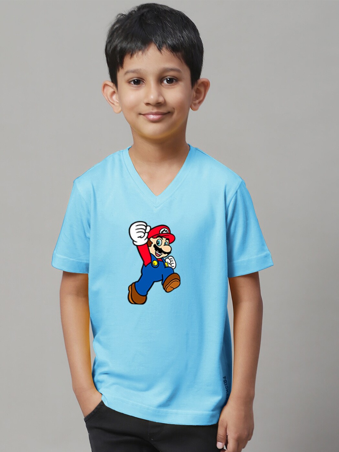 

Friskers Boys Super Mario Printed V-Neck Cotton T-shirt, Turquoise blue