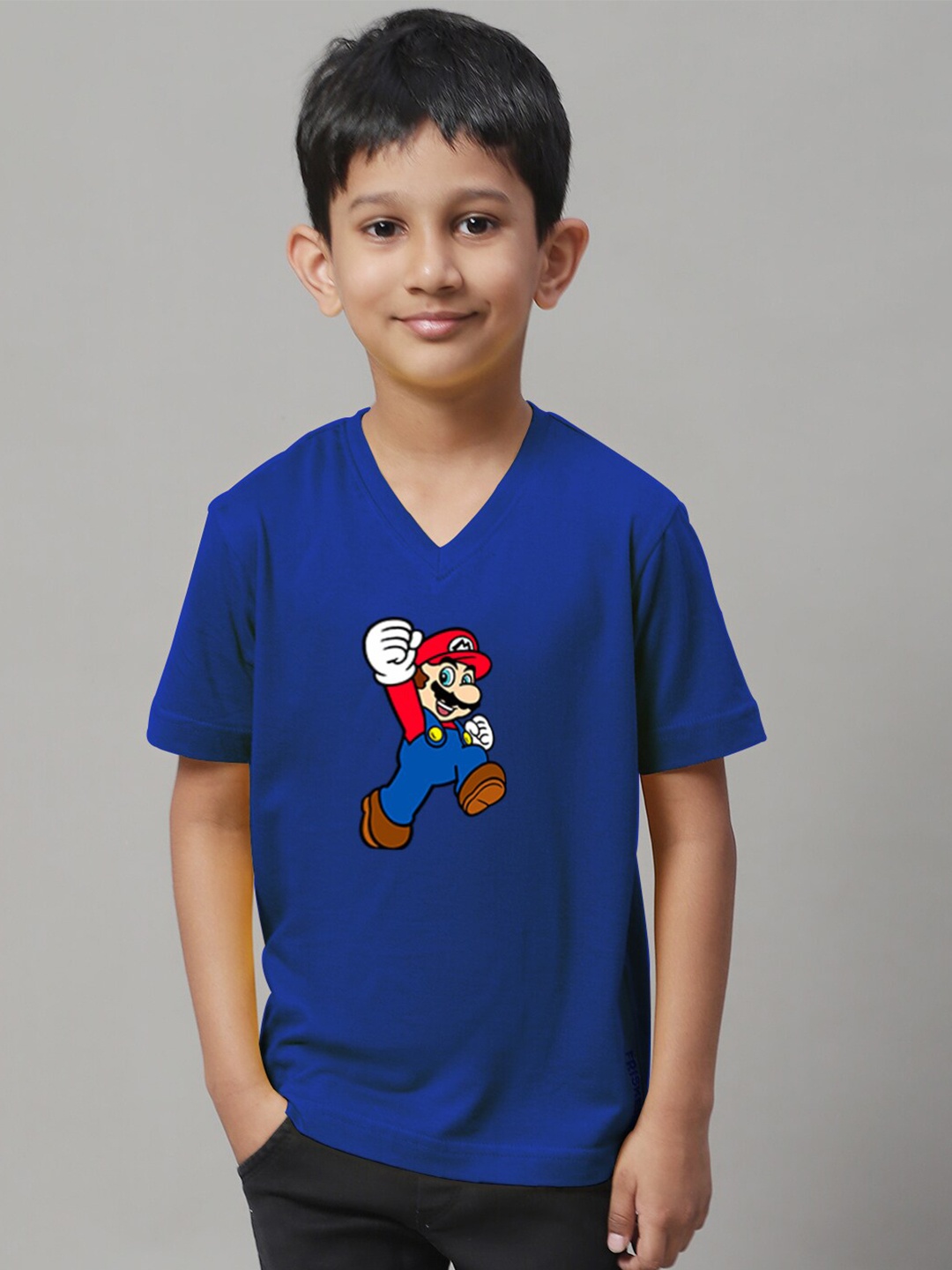 

Friskers Boys Super Mario Printed V-Neck Cotton T-shirt, Blue