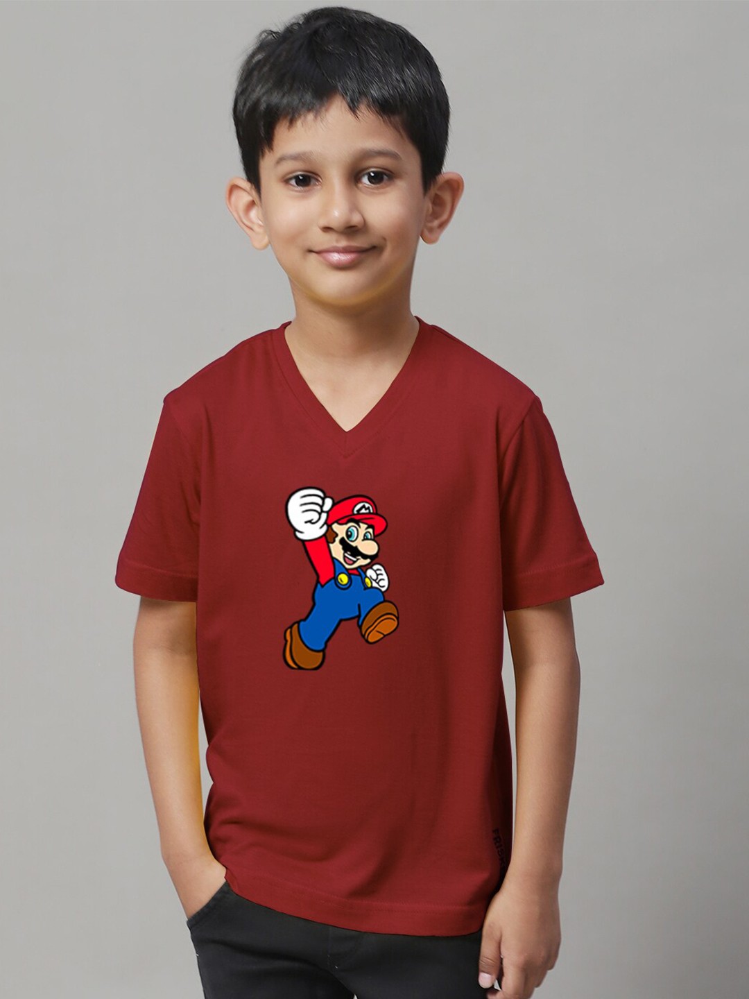 

Friskers Boys Super Mario Printed V-Neck Cotton T-shirt, Maroon