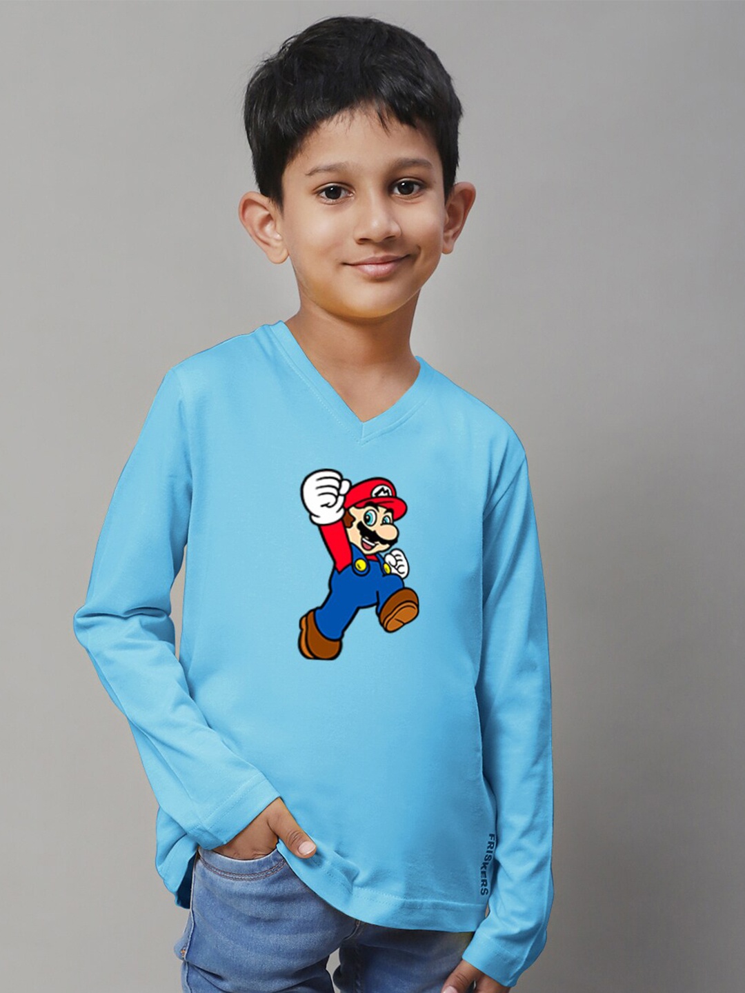 

Friskers Boys Super Mario Printed V-Neck Cotton T-shirt, Turquoise blue