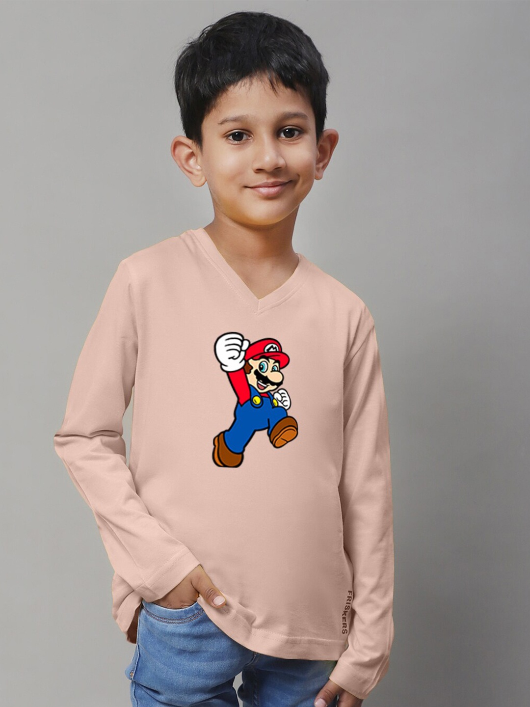 

Friskers Boys Super Mario Printed V-Neck Cotton T-shirt, Coral