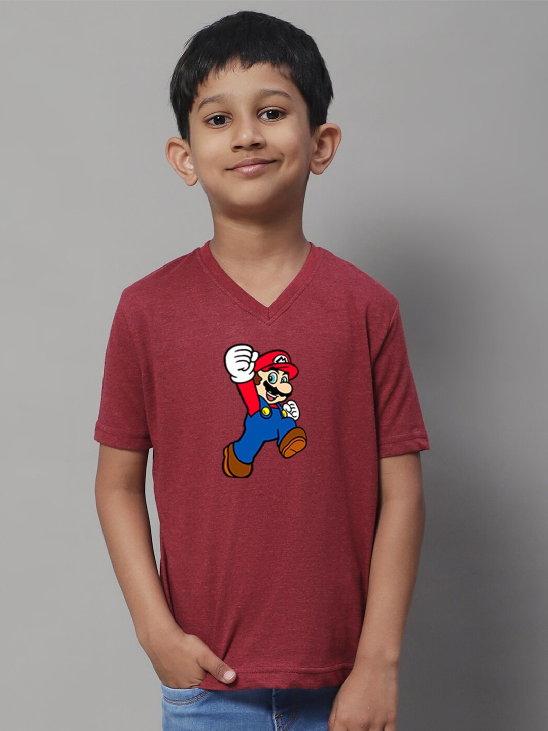 

Friskers Boys Super Mario Printed V-Neck Cotton T-shirt, Maroon