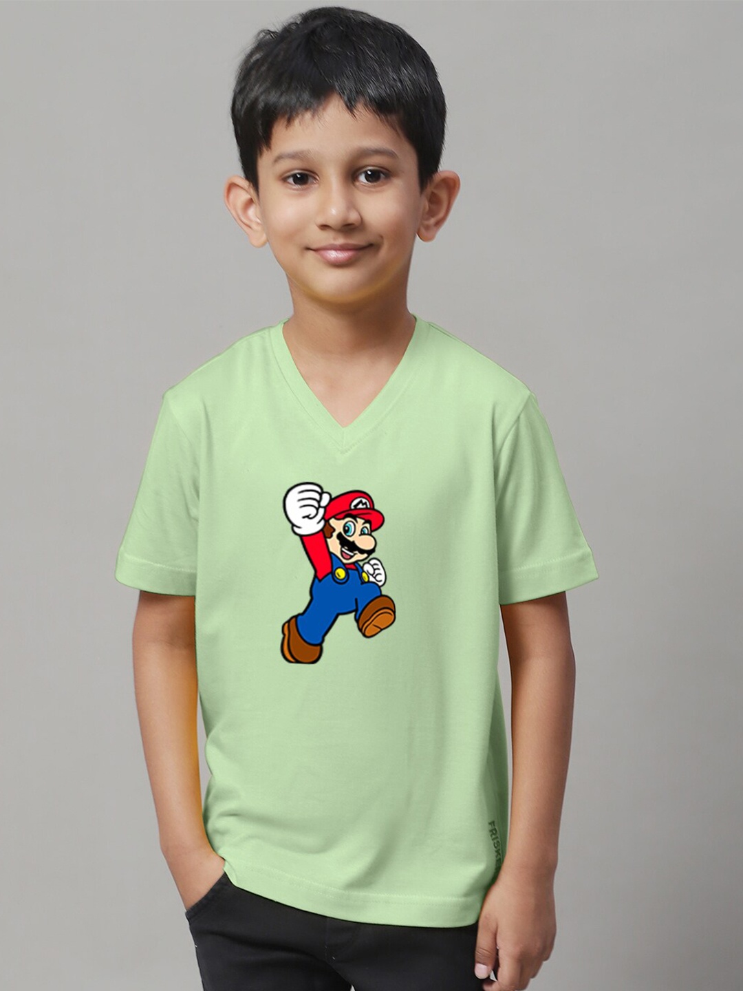 

Friskers Boys Super Mario Printed V-Neck Cotton T-shirt, Sea green