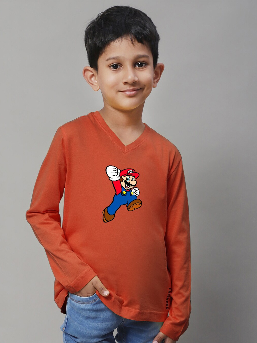 

Friskers Boys Super Mario Printed V-Neck Cotton T-shirt, Rust