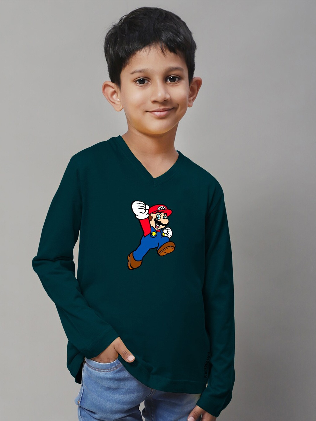 

Friskers Boys Super Mario Printed V-Neck Cotton T-shirt, Teal