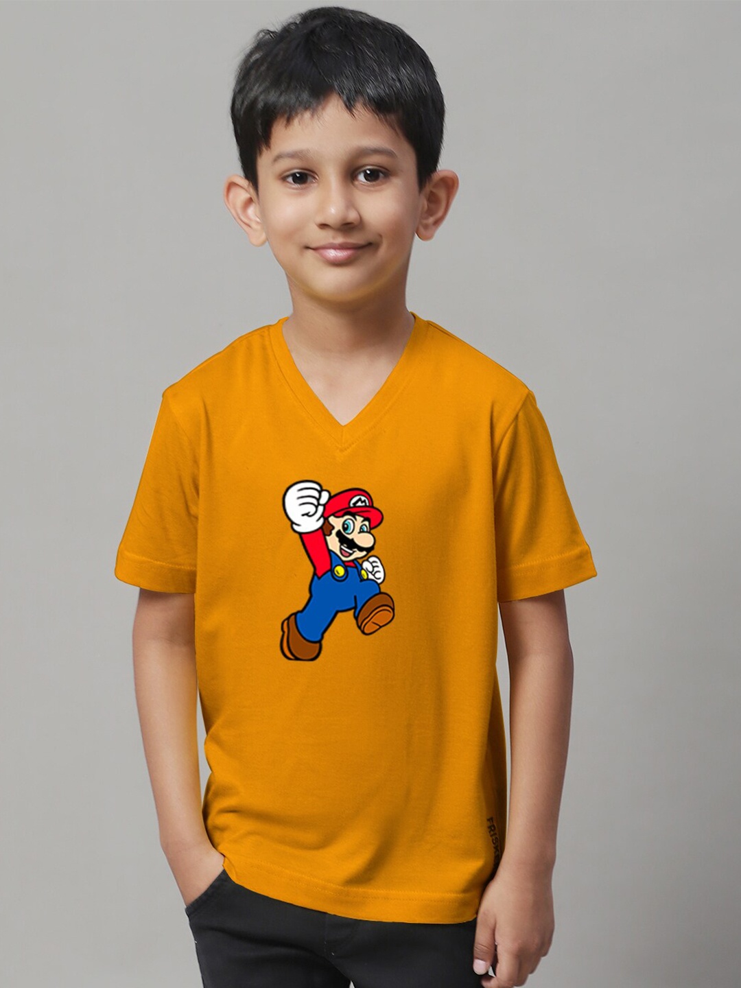 

Friskers Boys Super Mario Printed V-Neck Cotton T-shirt, Mustard