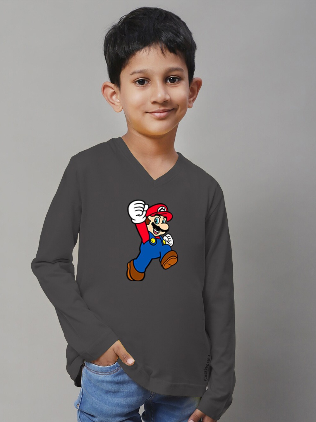 

Friskers Boys Printed V-Neck Long Sleeves Regular Fit Cotton T-shirt, Grey