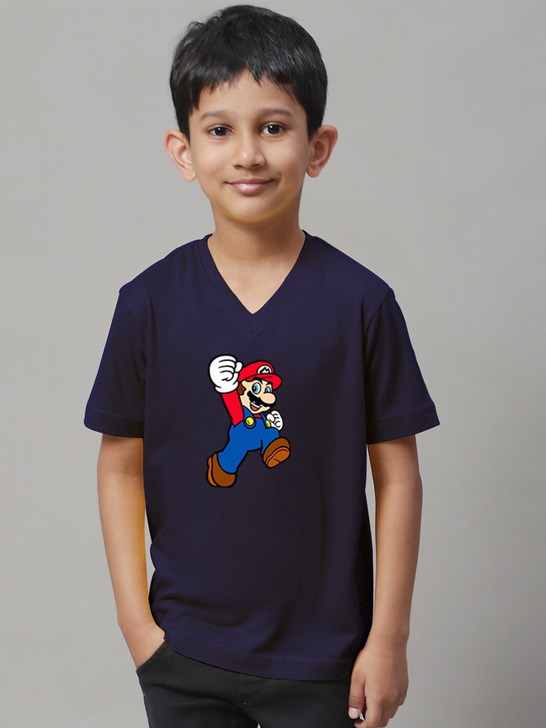

Friskers Boys Printed Short Sleeves V-Neck Regular Fit Cotton T-shirt, Navy blue
