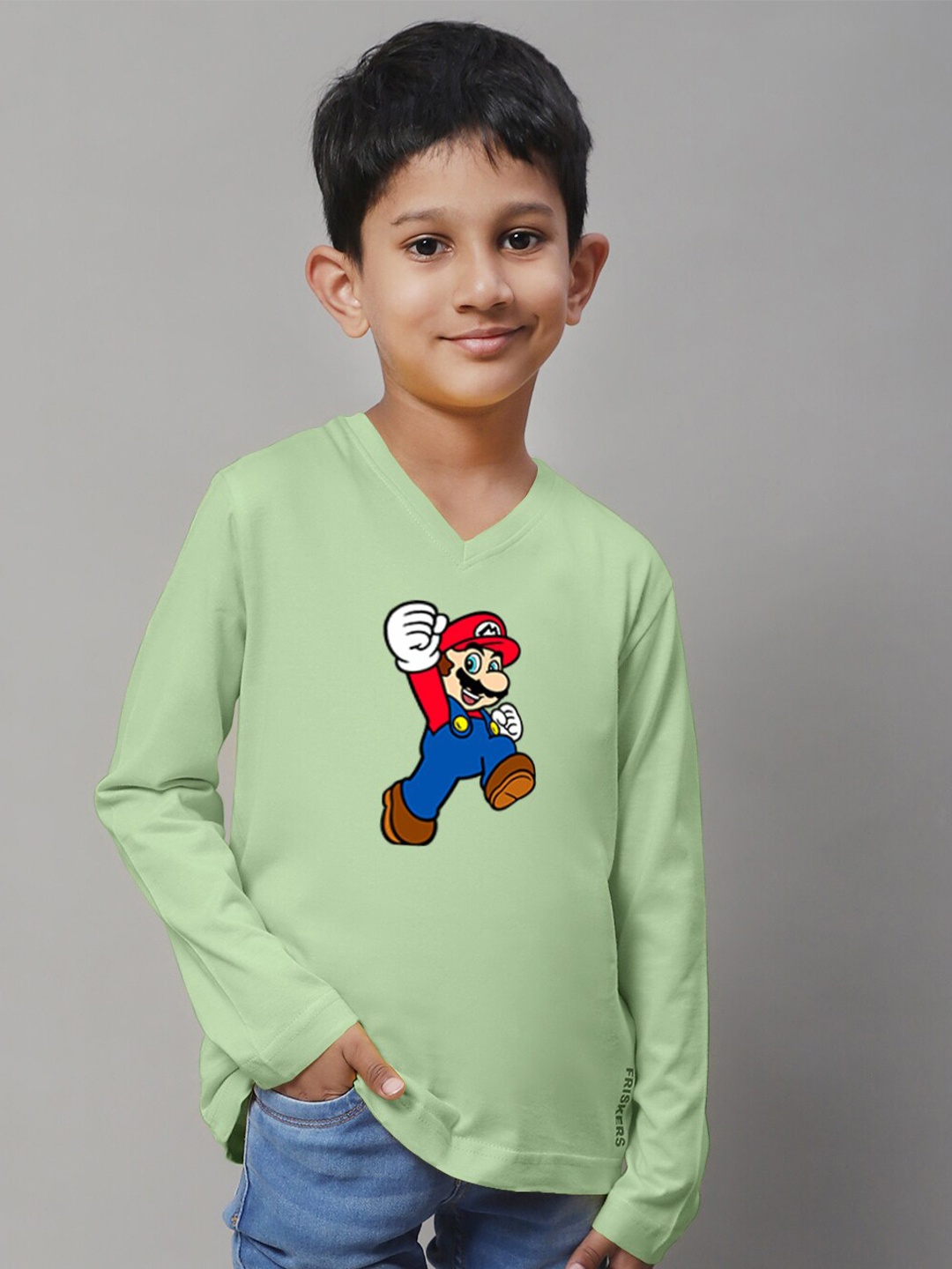 

Friskers Boys Printed Long Sleeves V-Neck Regular Fit Cotton T-shirt, Sea green