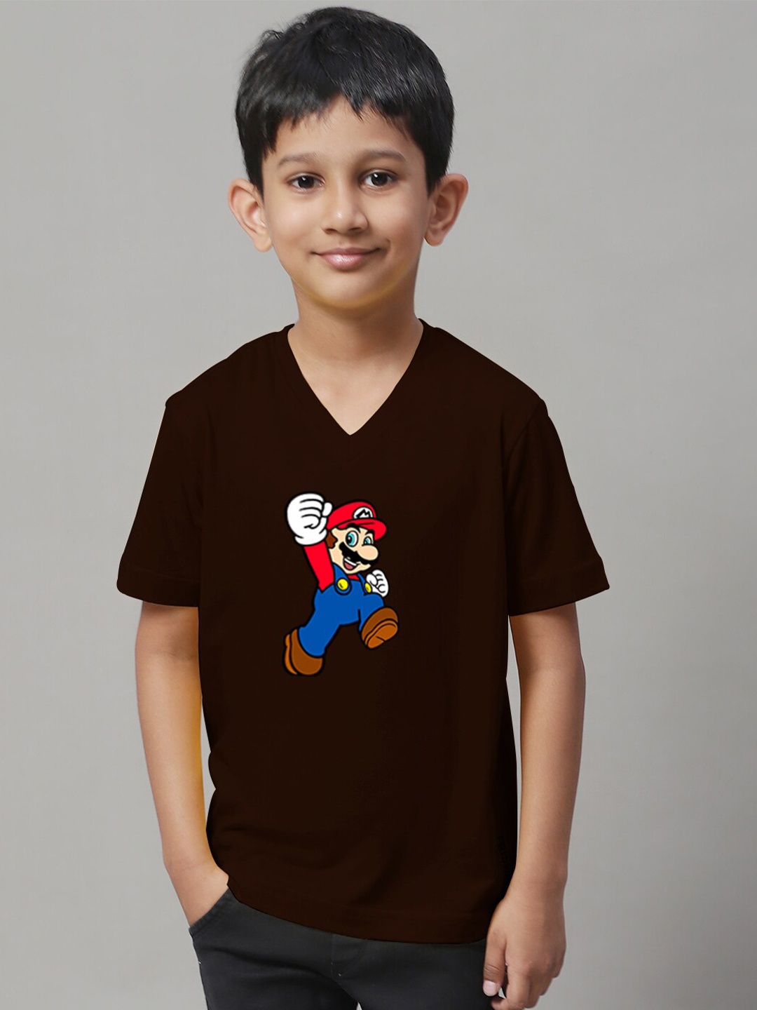 

Friskers Boys Printed Short Sleeves V-Neck Regular Fit Cotton T-shirt, Brown