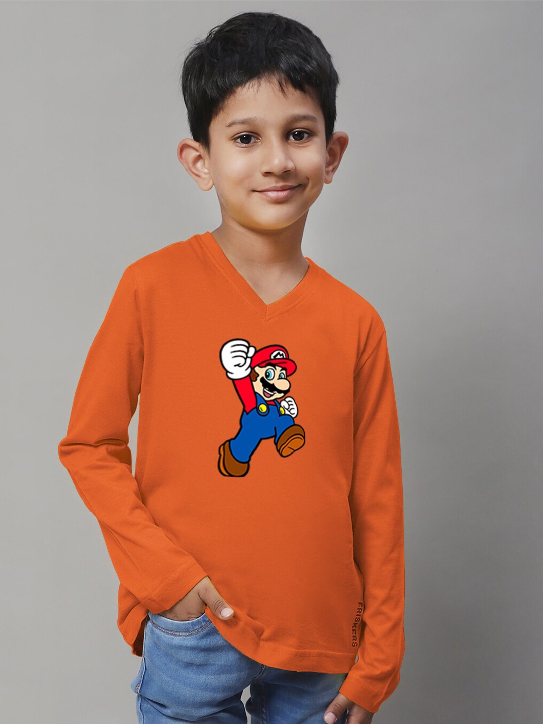 

Friskers Boys Printed Long Sleeves V-Neck Regular Fit Cotton T-shirt, Orange