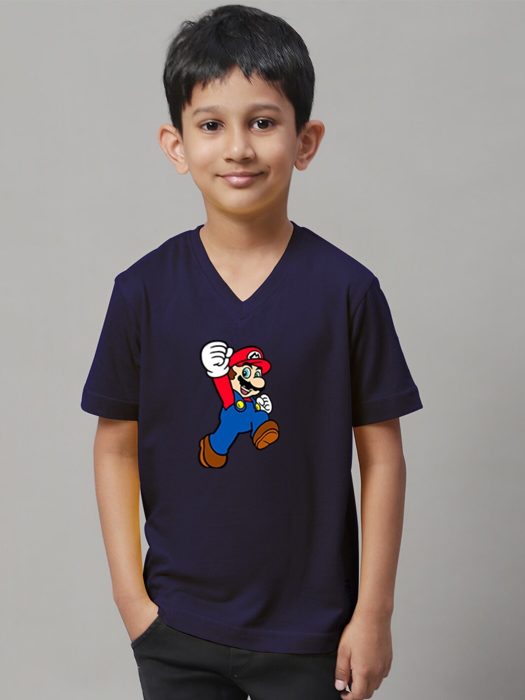 

Friskers Boys Printed Short Sleeves V-Neck Regular Fit Cotton T-shirt, Navy blue