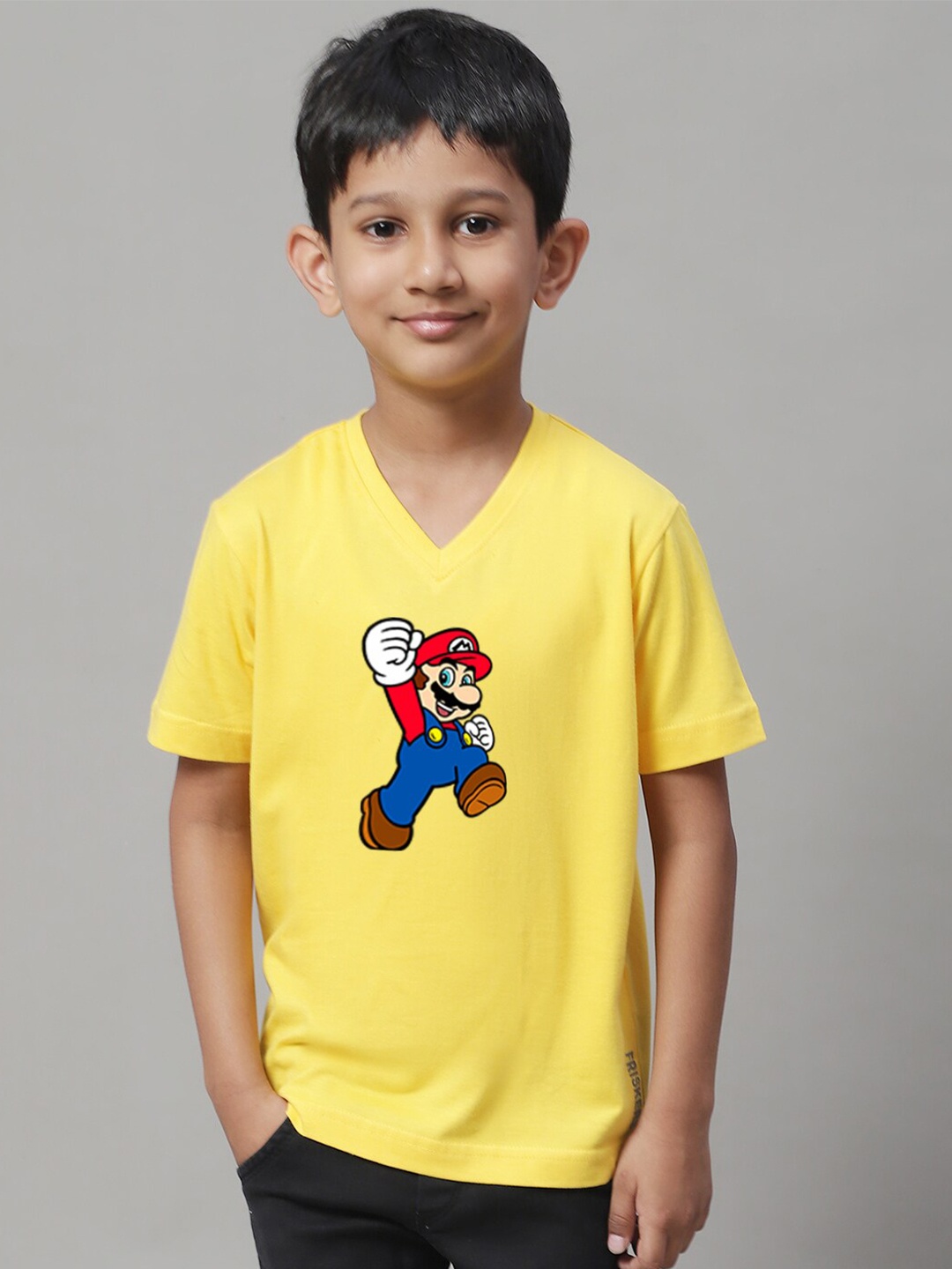 

Friskers Boys Printed V-Neck Cotton T-shirt, Yellow