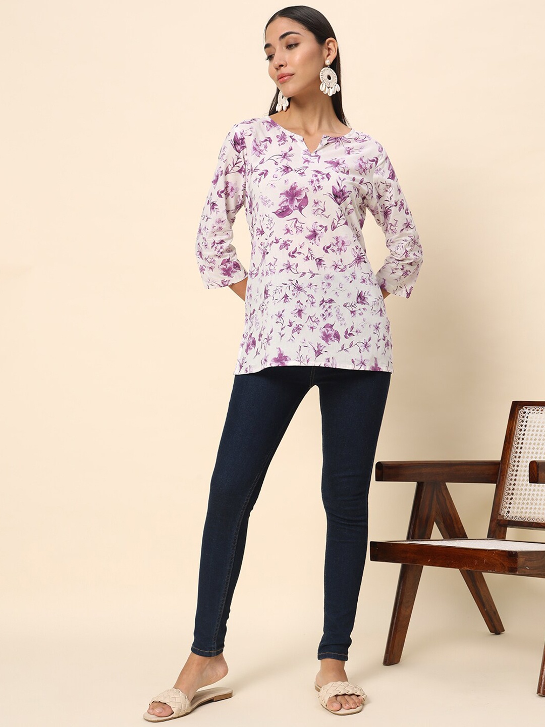 

HERE&NOW Floral Printed Pure Cotton Kurti, White