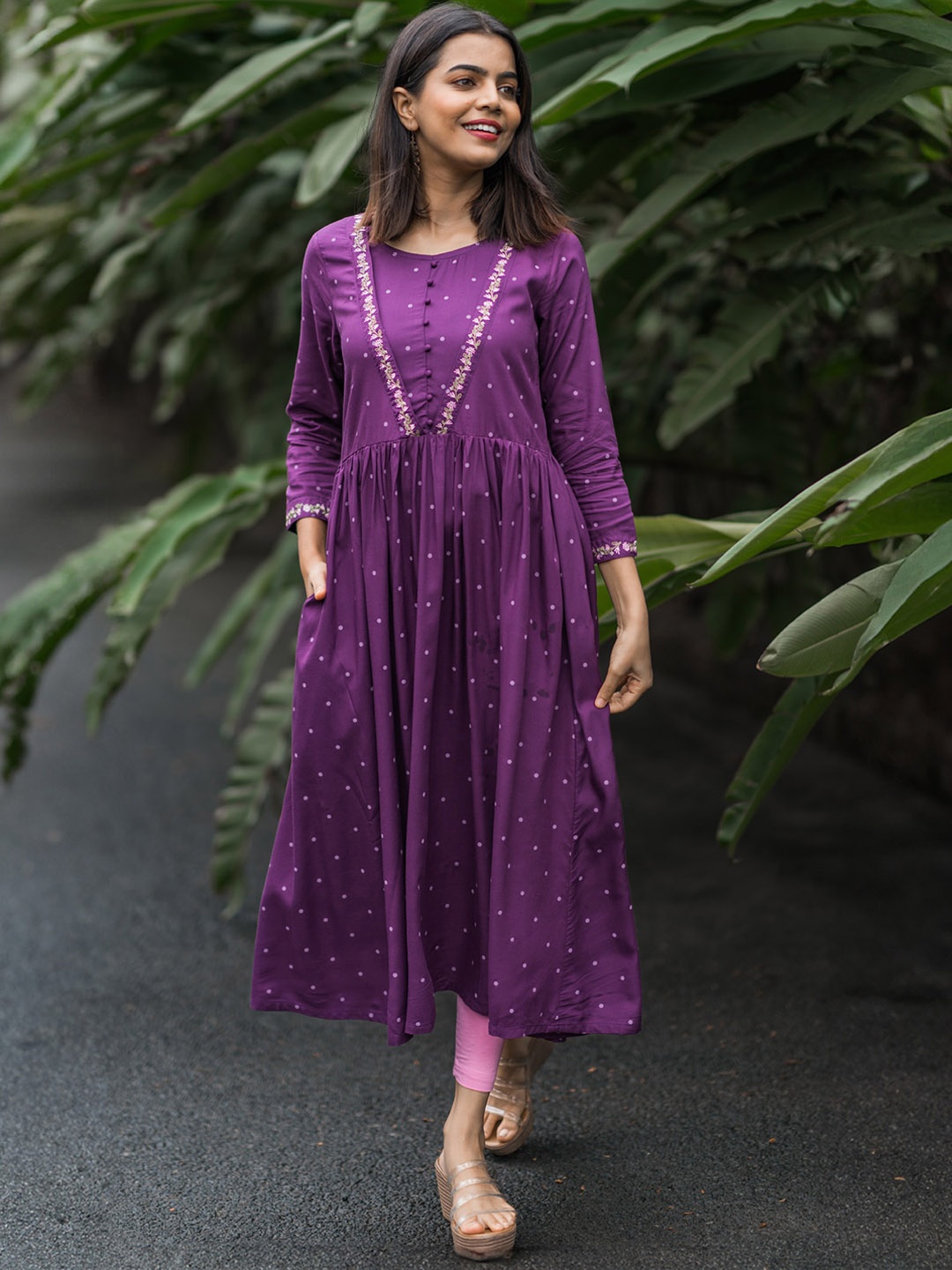 

HAY Polka Dot Printed Thread Work Anarkali Kurta, Violet