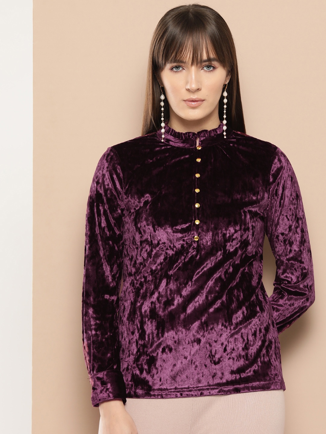 

Chemistry Mandarin Collar Velvet Top, Burgundy