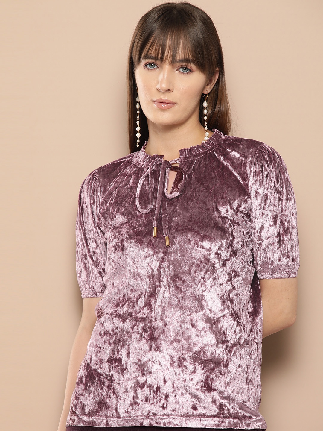 

Chemistry Tie-Up Neck Puff Sleeve Velvet Top, Purple
