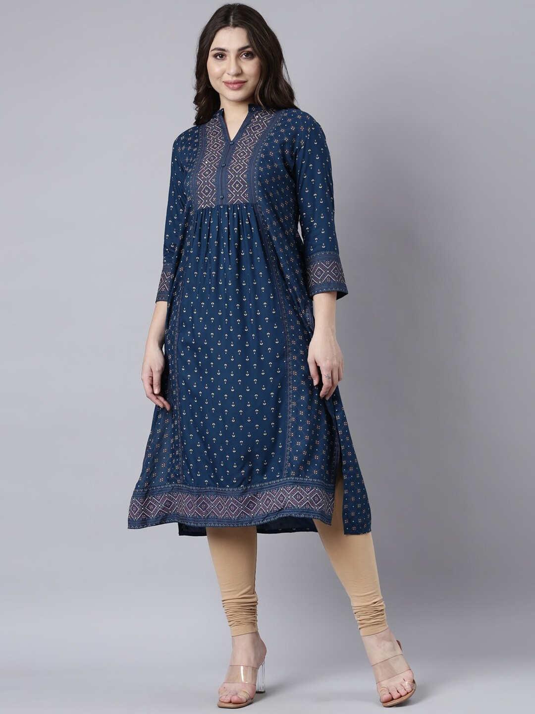 

Neerus Ethnic Motifs Printed Mandarin Collar Pleated Kurta, Navy blue