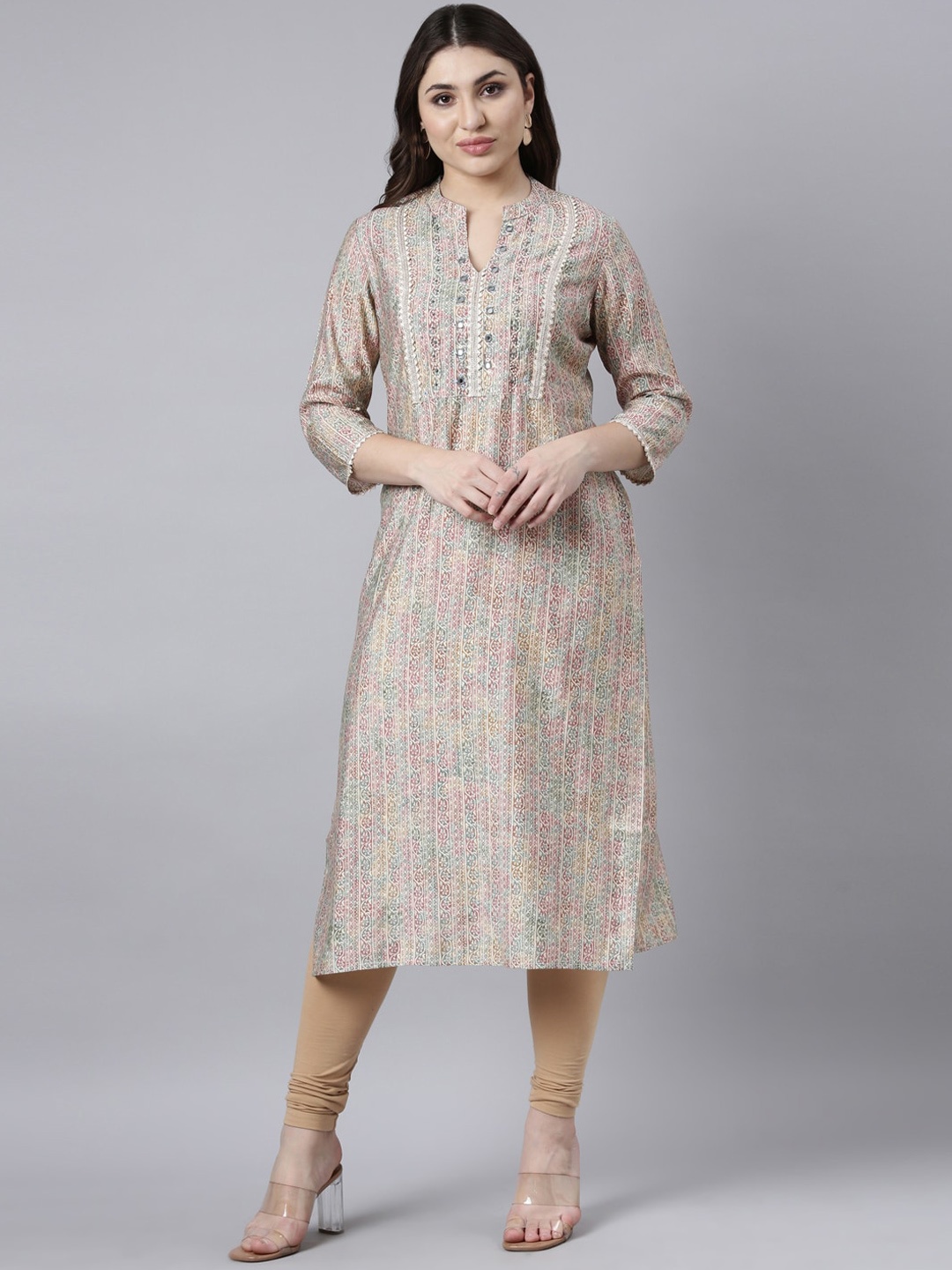 

Neerus Women Ethnic Motifs Printed Mandarin Collar Mirror Work Sequined Straight Kurta, Beige