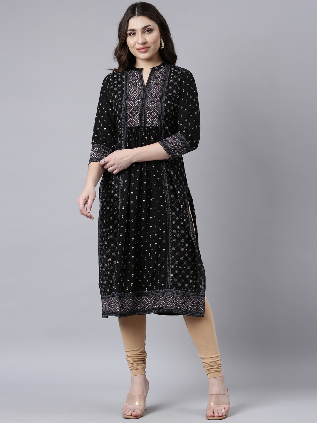 

Neerus Ethnic Motifs Printed Sequinned Kurta, Black
