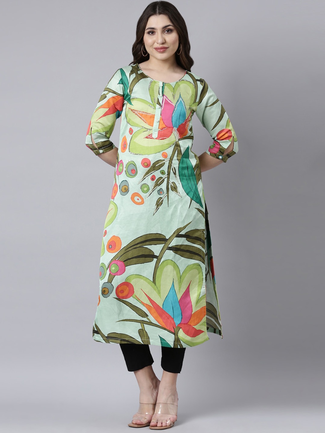 

Neerus Floral Printed Raw Silk Straight Kurta, Sea green