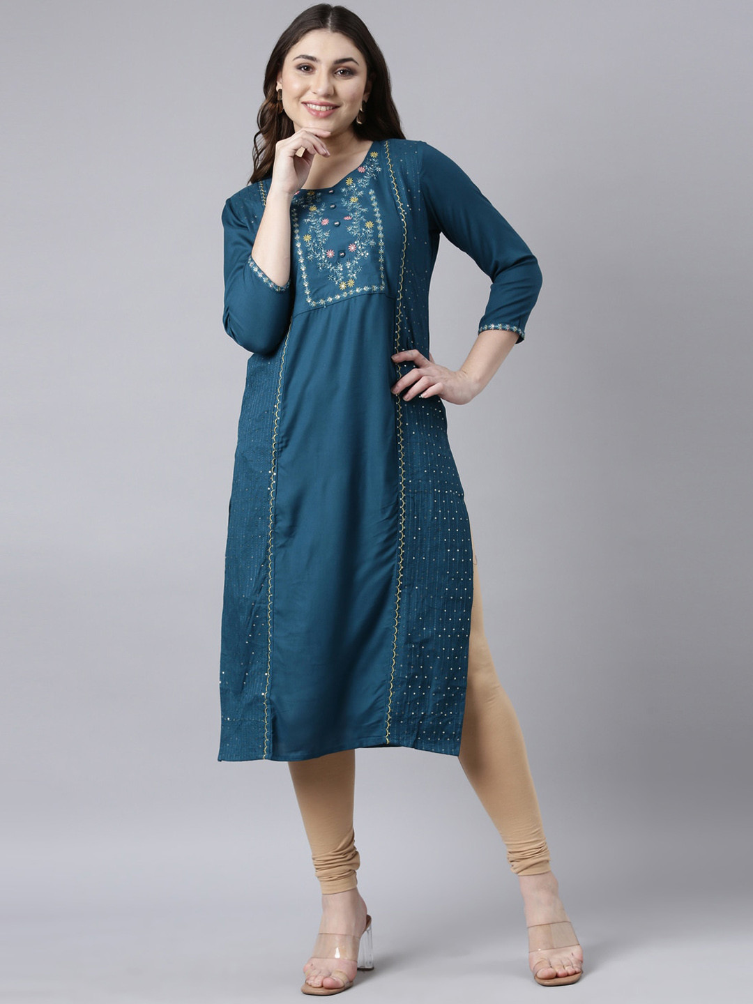 

Neerus Ethnic Motifs Embroidered Panelled Kurta, Blue