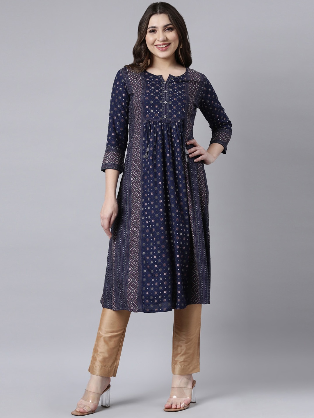 

Neerus Ethnic Motifs Printed Pleated A-Line Kurta, Navy blue