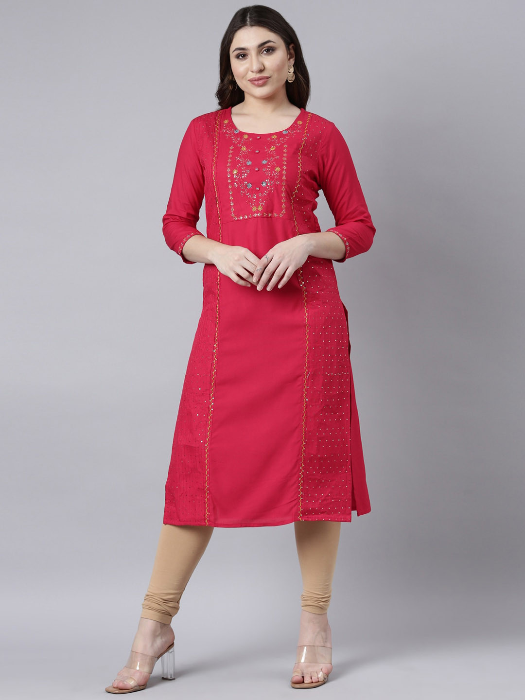 

Neerus Floral Embroidered Sequinned Panelled Kurta, Pink