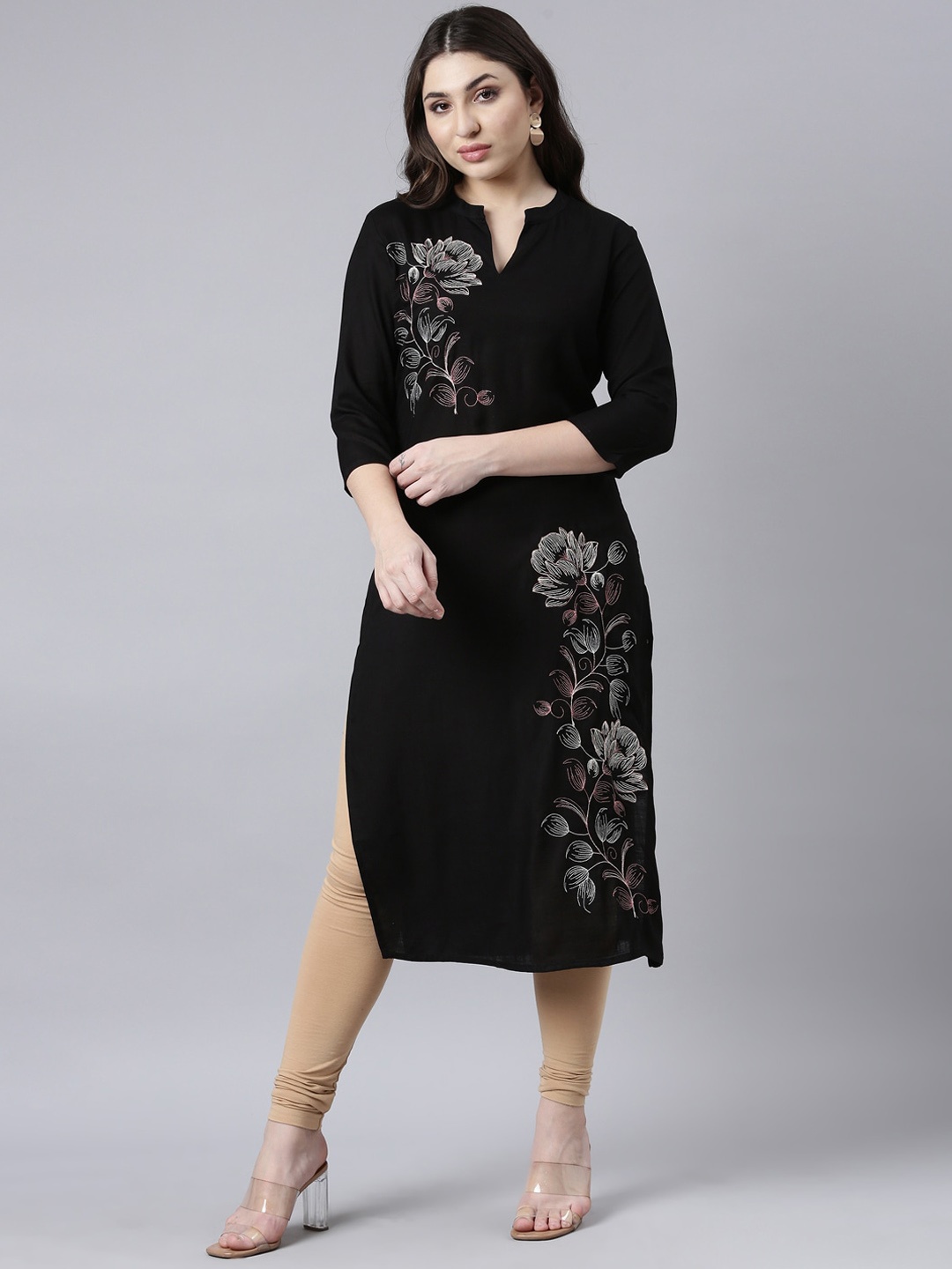 

Neerus Floral Embroidered Straight Kurta, Black
