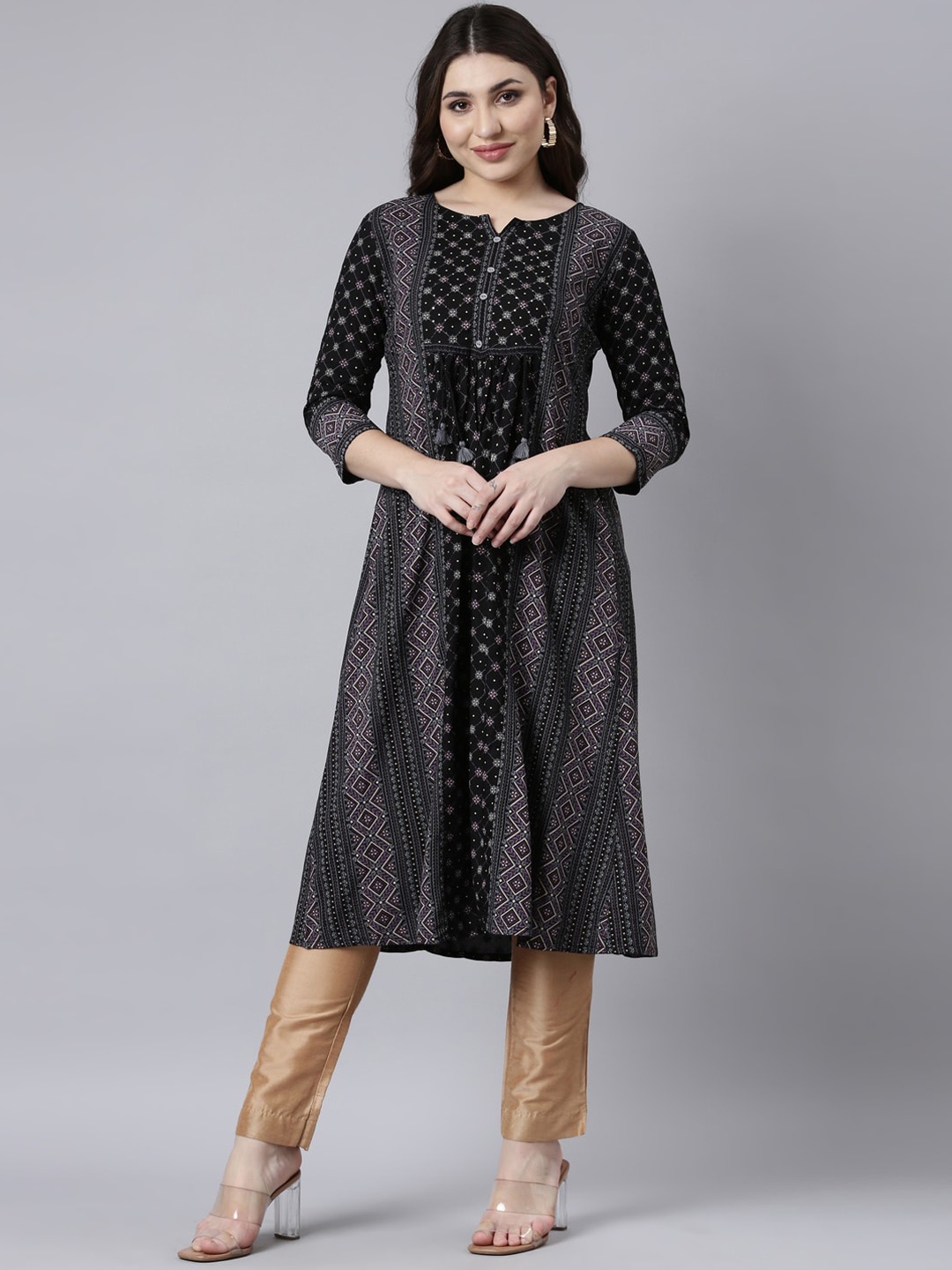 

Neerus Ethnic Motifs Printed Notched Neck A-Line Kurta, Black