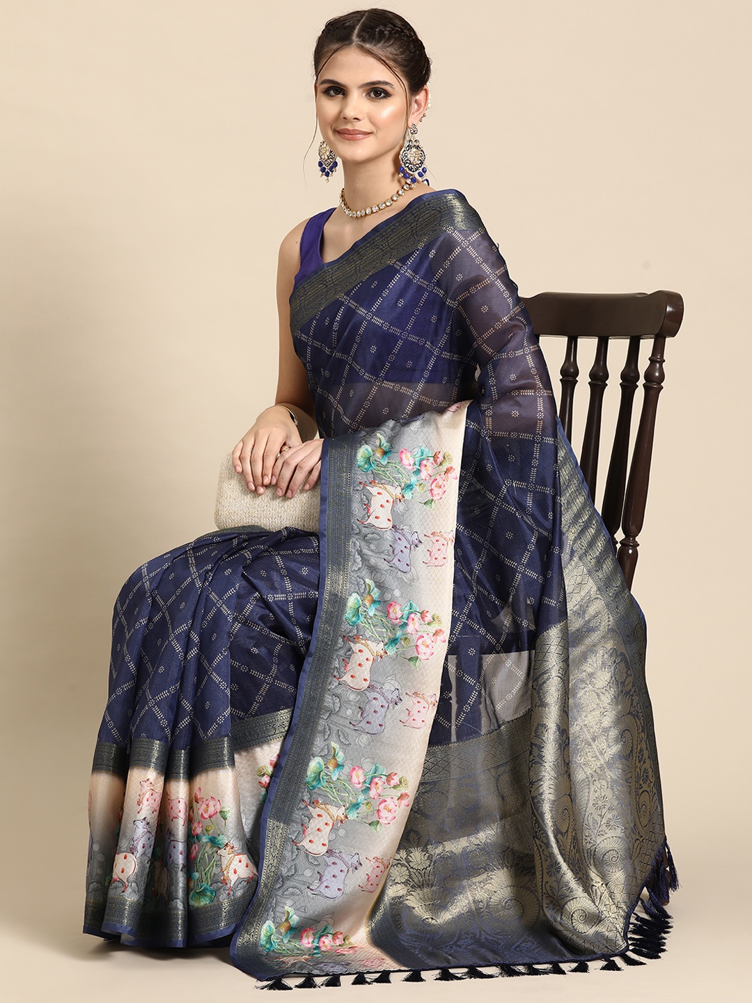 

Silk Land Ethnic Motifs Zari Kanjeevaram Saree, Navy blue