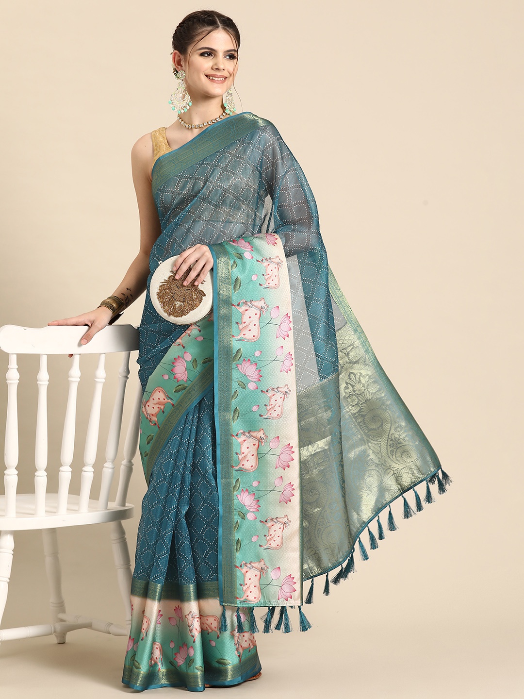 

Silk Land Ethnic Motifs Kanjeevaram Digital Print Saree, Teal