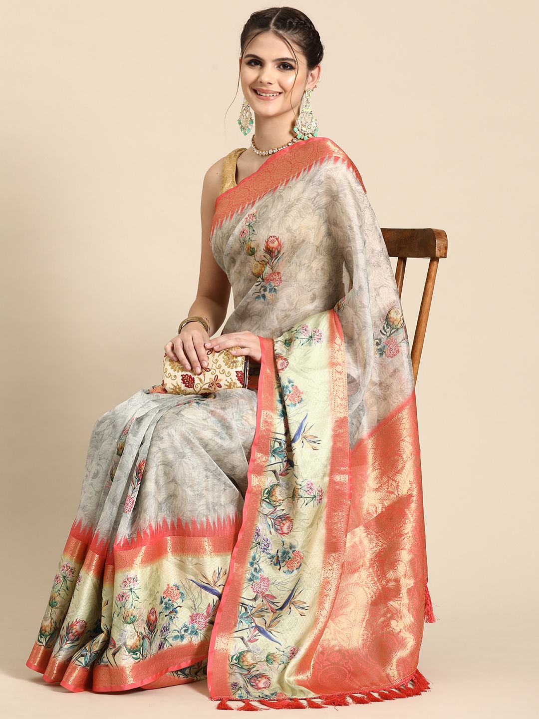 

Silk Land Floral Kanjeevaram Art Silk Digital Print Saree, Grey