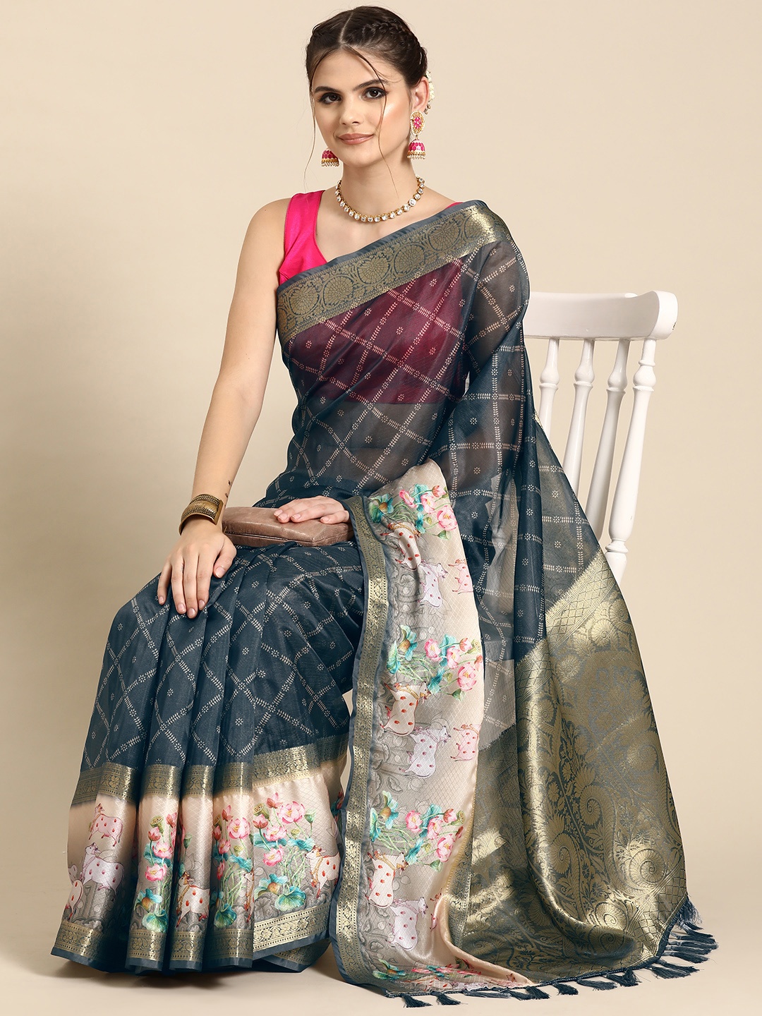 

Silk Land Ethnic Motifs Zari Kanjeevaram Saree, Grey